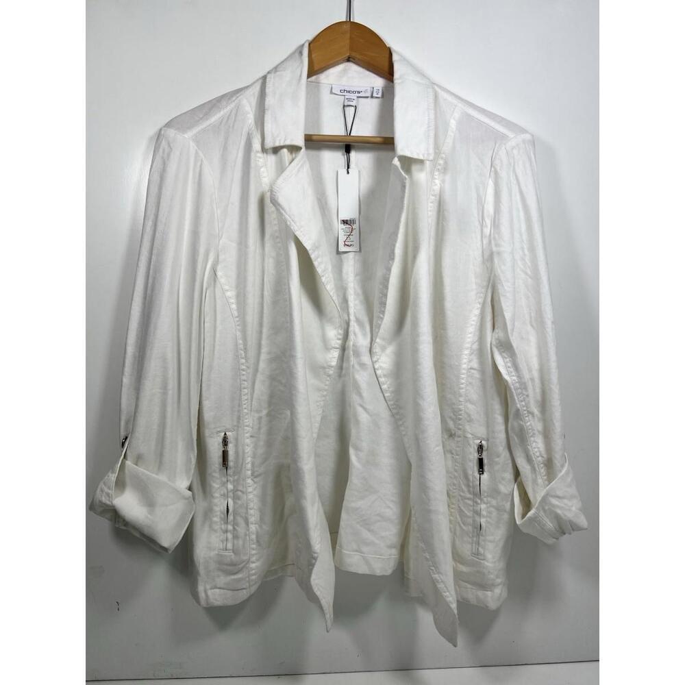 Chicos Linen Blend Stretch Blazer Alabaster Sz 1.5 US 10 Open Front Roll Sleeve
